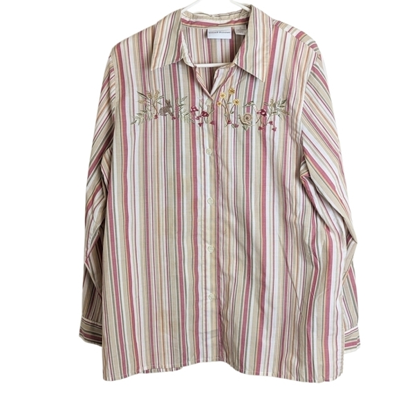 Embroidered Cottagecore Mushroom Floral Striped Button Down Blouse Women's 16 - Picture 1 of 14